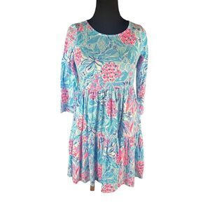 Lilly Pulitzer Geanna swing tiered small dress funky bright blue pink print